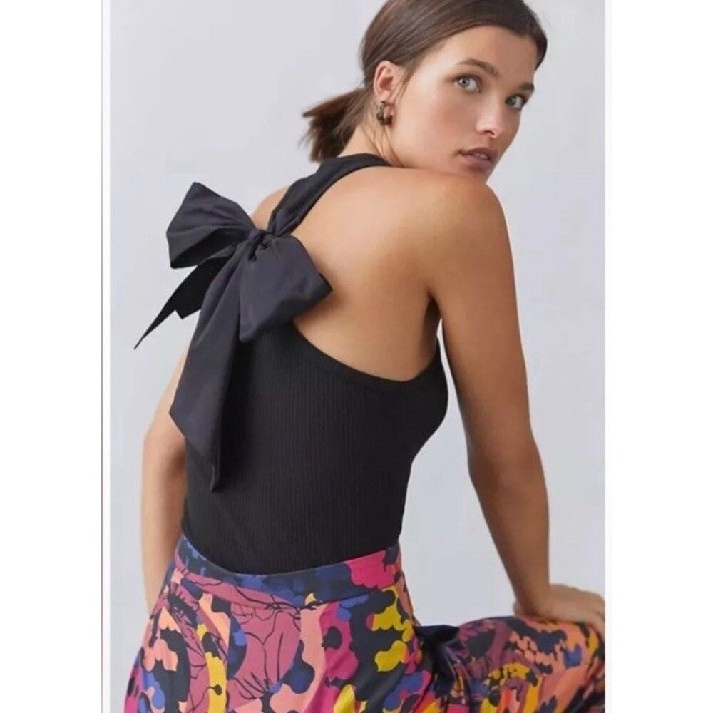 NWT Anthropologie Racerback Bow-Tie Tank Sunday in Brooklyn Black Cotton Size XS